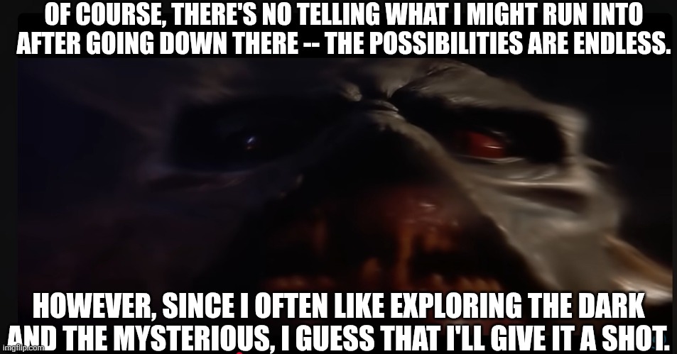 That Monster Down There 3 | OF COURSE, THERE'S NO TELLING WHAT I MIGHT RUN INTO AFTER GOING DOWN THERE -- THE POSSIBILITIES ARE ENDLESS. HOWEVER, SINCE I OFTEN LIKE EXP | image tagged in face of da beast 5,krull,black fortress,science fiction,fantasy,sci fantasy | made w/ Imgflip meme maker