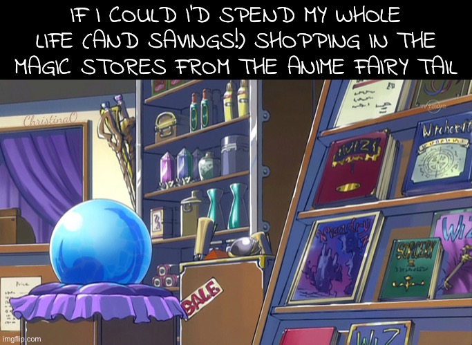 Magic Stores Fairy Tail | IF I COULD I'D SPEND MY WHOLE LIFE (AND SAVINGS!) SHOPPING IN THE MAGIC STORES FROM THE ANIME FAIRY TAIL; ChristinaO | image tagged in fairy tail,memes,anime,otaku,weaboo,fairy tail anime | made w/ Imgflip meme maker