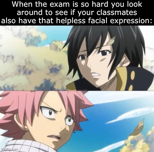 Fairy Tail Memes - Difficult Exam | When the exam is so hard you look around to see if your classmates also have that helpless facial expression:; ChristinaO | image tagged in memes,fairy tail meme,fairy tail memes,natsu dragneel,zeref dragneel,anime memes | made w/ Imgflip meme maker