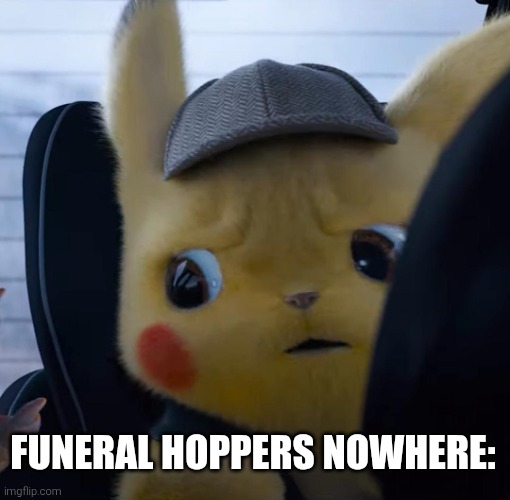 Unsettled detective pikachu | FUNERAL HOPPERS NOWHERE: | image tagged in unsettled detective pikachu | made w/ Imgflip meme maker