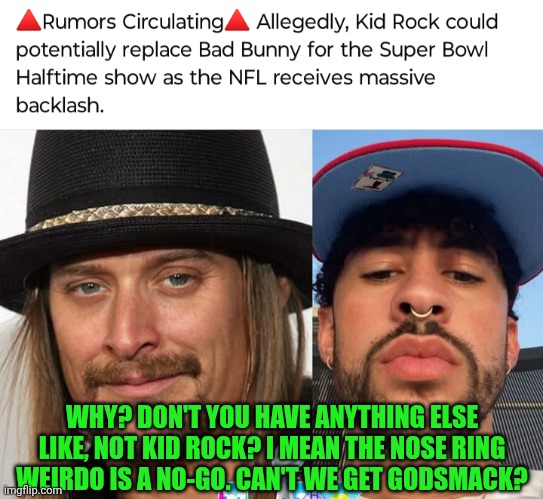 Funny | WHY? DON'T YOU HAVE ANYTHING ELSE LIKE, NOT KID ROCK? I MEAN THE NOSE RING WEIRDO IS A NO-GO. CAN'T WE GET GODSMACK? | image tagged in funny,weirdo,kid rock,bad idea,bunny,superbowl | made w/ Imgflip meme maker
