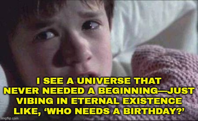 I SEE A UNIVERSE THAT NEVER NEEDED A BEGINNING—JUST VIBING IN ETERNAL EXISTENCE LIKE, ‘WHO NEEDS A BIRTHDAY?’ | I SEE A UNIVERSE THAT NEVER NEEDED A BEGINNING—JUST VIBING IN ETERNAL EXISTENCE LIKE, ‘WHO NEEDS A BIRTHDAY?’ | image tagged in memes,i see dead people,vibing,god religion universe,universe,anti-religion | made w/ Imgflip meme maker