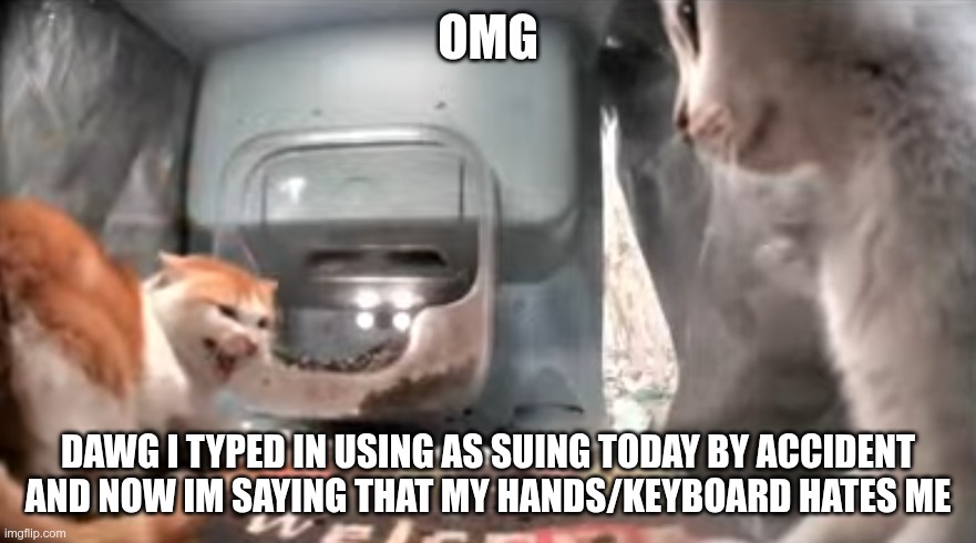 bruh t-t | OMG; DAWG I TYPED IN USING AS SUING TODAY BY ACCIDENT AND NOW IM SAYING THAT MY HANDS/KEYBOARD HATES ME | image tagged in the gluttonous beast vs ms kirby | made w/ Imgflip meme maker