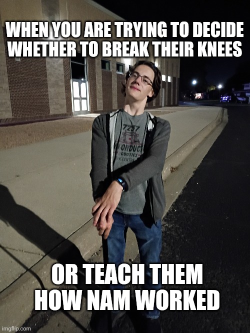 POV: Someone broke into your house | WHEN YOU ARE TRYING TO DECIDE WHETHER TO BREAK THEIR KNEES; OR TEACH THEM HOW NAM WORKED | image tagged in smug | made w/ Imgflip meme maker