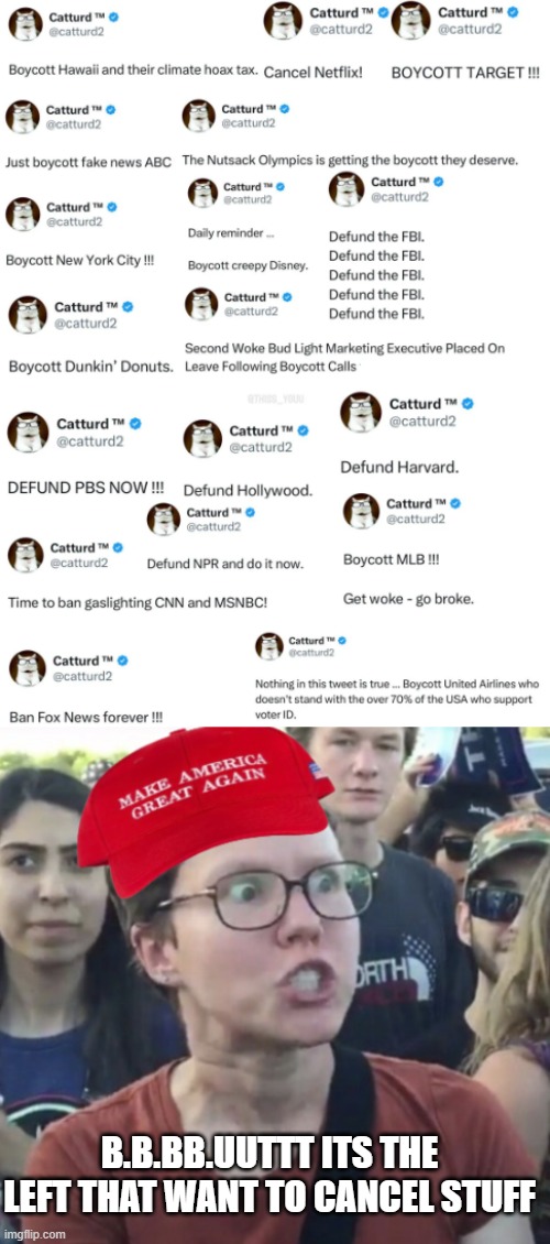 Its not woke, its Joke | B.B.BB.UUTTT ITS THE LEFT THAT WANT TO CANCEL STUFF | image tagged in maga loser | made w/ Imgflip meme maker
