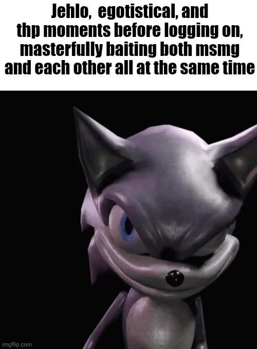 Freaky sonic | Jehlo,  egotistical, and thp moments before logging on, masterfully baiting both msmg and each other all at the same time | image tagged in freaky sonic | made w/ Imgflip meme maker