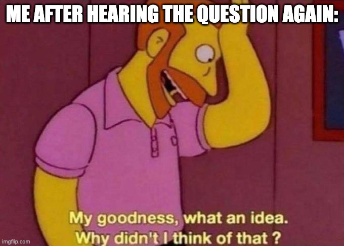 My goodness, what an idea. Why didn't I think of that? | ME AFTER HEARING THE QUESTION AGAIN: | image tagged in my goodness what an idea why didn't i think of that | made w/ Imgflip meme maker
