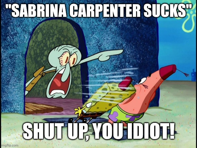 Squidward Screaming | "SABRINA CARPENTER SUCKS" SHUT UP, YOU IDIOT! | image tagged in squidward screaming | made w/ Imgflip meme maker