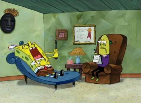 SpongeBob cries to psychiatrist with broken spatula Blank Meme Template