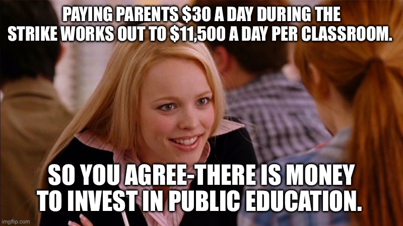 So You Agree | PAYING PARENTS $30 A DAY DURING THE STRIKE WORKS OUT TO $11,500 A DAY PER CLASSROOM. SO YOU AGREE-THERE IS MONEY TO INVEST IN PUBLIC EDUCATION. | image tagged in so you agree | made w/ Imgflip meme maker