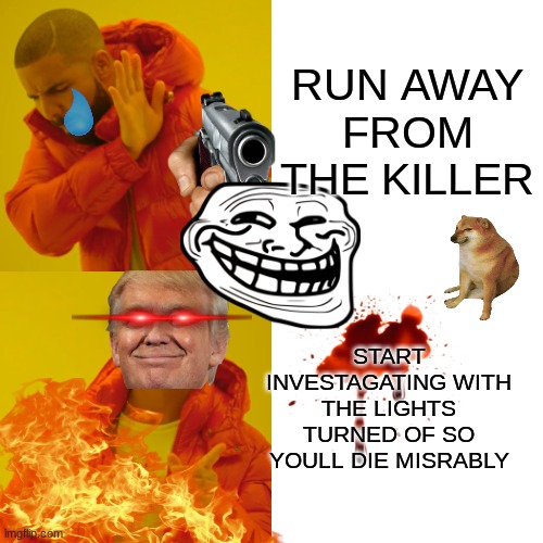 Drake Hotline Bling Meme | RUN AWAY FROM THE KILLER; START INVESTAGATING WITH THE LIGHTS TURNED OF SO YOULL DIE MISRABLY | image tagged in memes,drake hotline bling | made w/ Imgflip meme maker