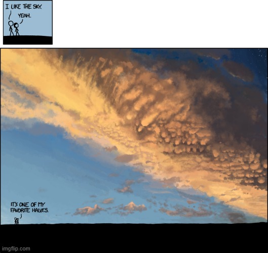 "The other half has some cool shipwrecks, rocks, and snakes, but if you move those out of the way, it also has more sky." | image tagged in sky,half,favorite,halves | made w/ Imgflip meme maker