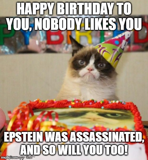 edgelord happy birthday song | HAPPY BIRTHDAY TO YOU, NOBODY LIKES YOU; EPSTEIN WAS ASSASSINATED, AND SO WILL YOU TOO! | image tagged in memes,grumpy cat birthday,grumpy cat | made w/ Imgflip meme maker