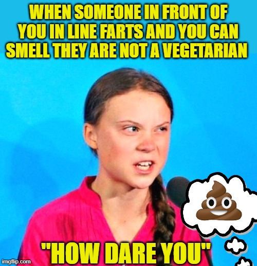 Greta smells a stinky | WHEN SOMEONE IN FRONT OF YOU IN LINE FARTS AND YOU CAN SMELL THEY ARE NOT A VEGETARIAN; "HOW DARE YOU" | image tagged in greta death glare,greta,greta thunberg how dare you,vegans do everthing better even fart | made w/ Imgflip meme maker