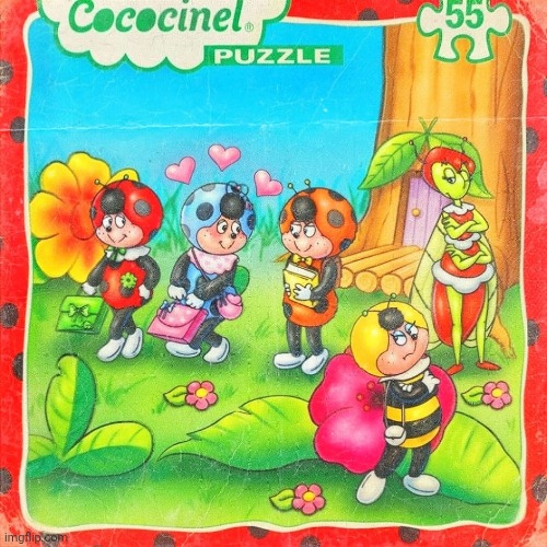 Cococinel (Cocomiel)1992 puzzle : Babicinel, Cocometeo, Madame Cigale & Levallois | image tagged in cococinel | made w/ Imgflip meme maker