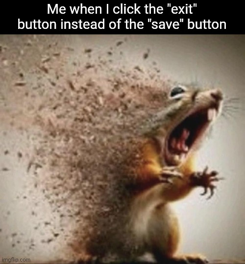 now I have to redraw my art | Me when I click the "exit" button instead of the "save" button | image tagged in badass squirrel disintegrating | made w/ Imgflip meme maker