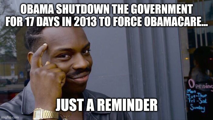Roll Safe Think About It Meme | OBAMA SHUTDOWN THE GOVERNMENT FOR 17 DAYS IN 2013 TO FORCE OBAMACARE... JUST A REMINDER | image tagged in memes,roll safe think about it | made w/ Imgflip meme maker