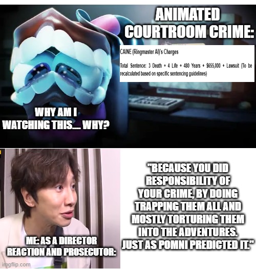 Caine cries because of the crimes commited | ANIMATED 
COURTROOM CRIME:; WHY AM I WATCHING THIS.... WHY? "BECAUSE YOU DID RESPONSIBILITY OF YOUR CRIME, BY DOING TRAPPING THEM ALL AND MOSTLY TORTURING THEM INTO THE ADVENTURES. JUST AS POMNI PREDICTED IT."; ME: AS A DIRECTOR REACTION AND PROSECUTOR: | image tagged in the amazing digital circus,pomni,crimes,funny memes,memes,sad but true | made w/ Imgflip meme maker