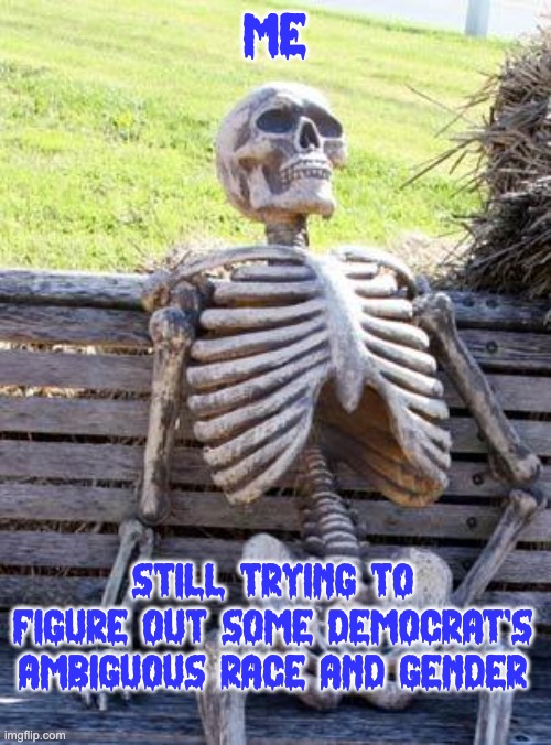 Pick any gender. I'll still find a reason for a micro-aggression. | ME; STILL TRYING TO FIGURE OUT SOME DEMOCRAT'S AMBIGUOUS RACE AND GENDER | image tagged in memes,waiting skeleton | made w/ Imgflip meme maker