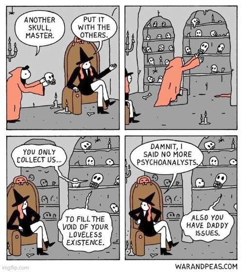 War and Peas | image tagged in comics,war and peas,witch,skulls,psychoanalyst,daddy issues | made w/ Imgflip meme maker