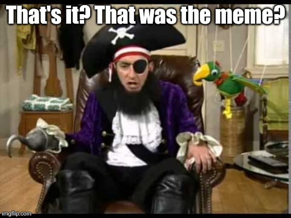https://imgflip.com/i/a80000 | That's it? That was the meme? | image tagged in patchy the pirate that's it | made w/ Imgflip meme maker
