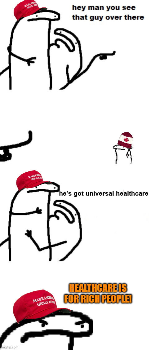 Hey man you see that guy over there | he's got universal healthcare; HEALTHCARE IS FOR RICH PEOPLE! | image tagged in hey man you see that guy over there | made w/ Imgflip meme maker