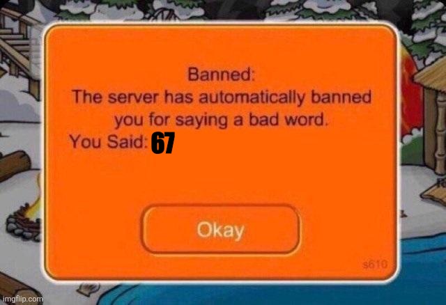 The server has automatically banned you for saying a bad word | 67 | image tagged in the server has automatically banned you for saying a bad word | made w/ Imgflip meme maker