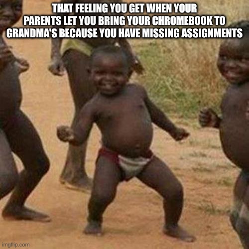 at least for me, I get to post memes, when I wouldn't be able to | THAT FEELING YOU GET WHEN YOUR PARENTS LET YOU BRING YOUR CHROMEBOOK TO GRANDMA'S BECAUSE YOU HAVE MISSING ASSIGNMENTS | image tagged in memes,third world success kid,going to grandma's | made w/ Imgflip meme maker