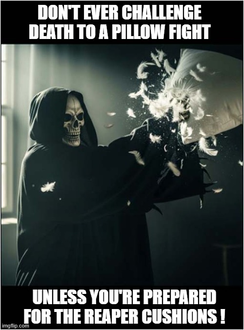 Be Careful Now | DON'T EVER CHALLENGE DEATH TO A PILLOW FIGHT; UNLESS YOU'RE PREPARED FOR THE REAPER CUSHIONS ! | image tagged in death,pillow,fight,grim reaper | made w/ Imgflip meme maker