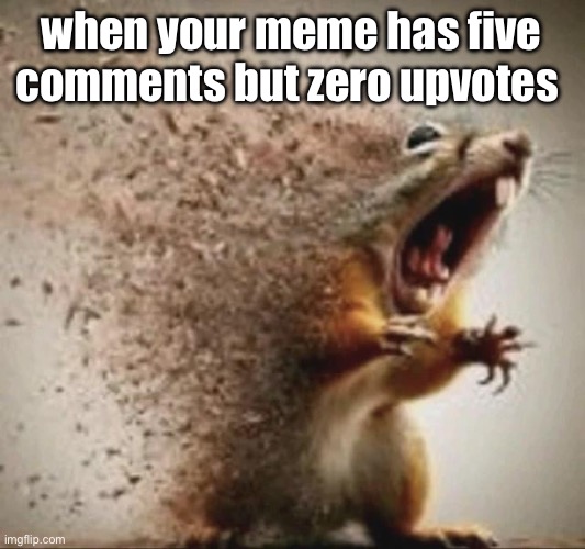 badass squirrel disintegrating | when your meme has five comments but zero upvotes | image tagged in badass squirrel disintegrating | made w/ Imgflip meme maker