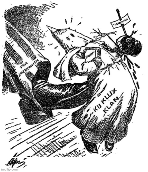 Tigers assault the Klan! | image tagged in patriotic,kkk,no racism,propaganda,cartoon,art | made w/ Imgflip meme maker