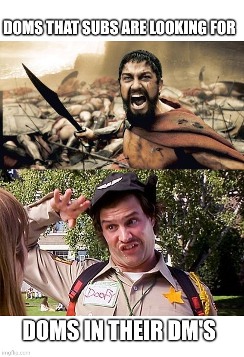DOMS THAT SUBS ARE LOOKING FOR; DOMS IN THEIR DM'S | image tagged in memes,sparta leonidas | made w/ Imgflip meme maker