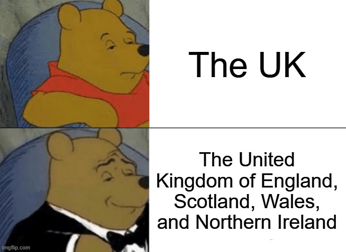 "Well said, mate." | The UK; The United Kingdom of England, Scotland, Wales, and Northern Ireland | image tagged in memes,tuxedo winnie the pooh,united kingdom,funny | made w/ Imgflip meme maker