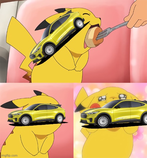 Ford mustang Mach e eating | image tagged in pikachu eating,ford | made w/ Imgflip meme maker