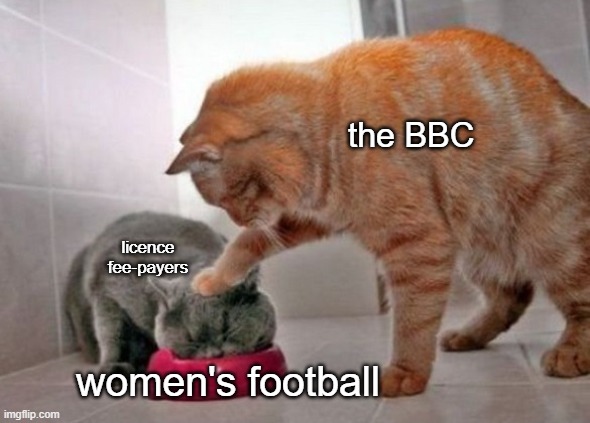 hands off the BBC! | the BBC; licence fee-payers; women's football | image tagged in force feed cat,bbc,bbc newsflash,united kingdom,football,soccer | made w/ Imgflip meme maker