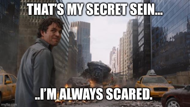 Hulk | THAT’S MY SECRET SEIN…; ..I’M ALWAYS SCARED. | image tagged in hulk | made w/ Imgflip meme maker