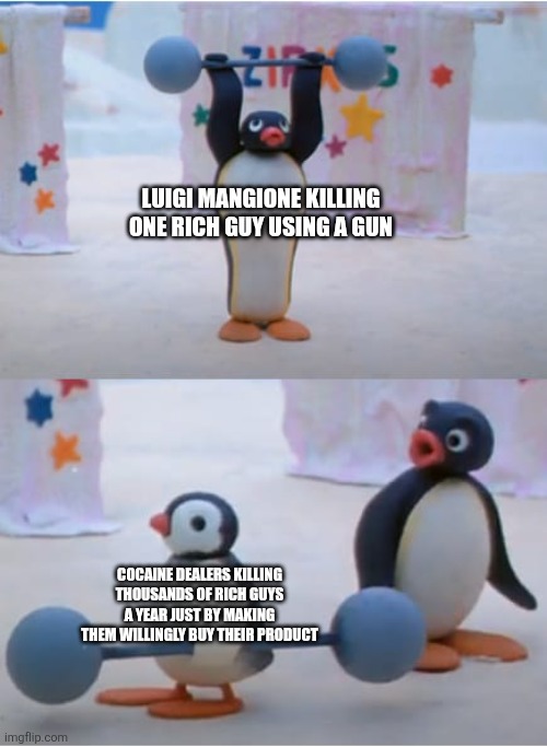 Cocaine dealers have killed a lot more rich people than Luigi Mangione ever did | LUIGI MANGIONE KILLING ONE RICH GUY USING A GUN; COCAINE DEALERS KILLING THOUSANDS OF RICH GUYS A YEAR JUST BY MAKING THEM WILLINGLY BUY THEIR PRODUCT | image tagged in pingu and pinga,luigi mangione,drugs,cocaine | made w/ Imgflip meme maker