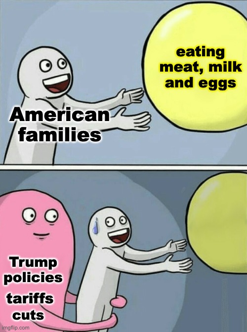 Blaming "Libz" and vegans might feel good, but it doesn't put meat on the table | eating
meat, milk
and eggs; American
families; Trump
policies; tariffs; cuts | image tagged in running away balloon,trump,idiocracy,economy,tariffs,starvation | made w/ Imgflip meme maker