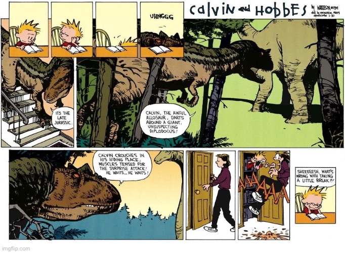 Calvin, the ferocious carnivore… vs. mom… | image tagged in calvin and hobbes,comics,homework,dinosaurs,mom,taking a break | made w/ Imgflip meme maker