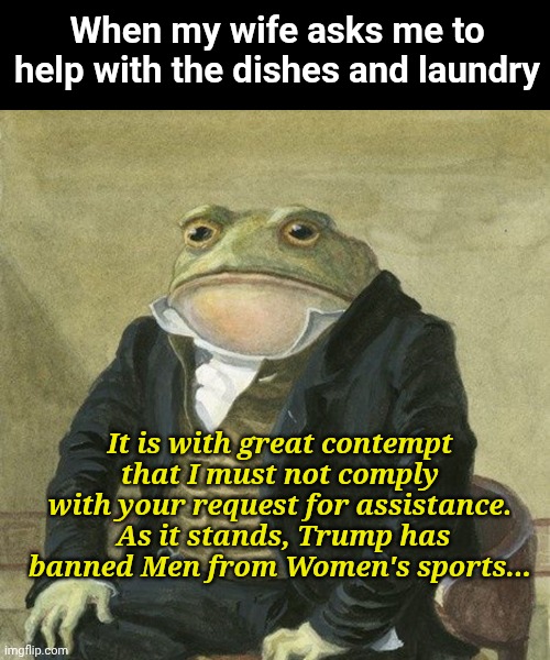 A residence on mine couch doth cometh | When my wife asks me to help with the dishes and laundry; It is with great contempt that I must not comply with your request for assistance.  As it stands, Trump has banned Men from Women's sports... | image tagged in gentlemen it is with great pleasure to inform you that | made w/ Imgflip meme maker