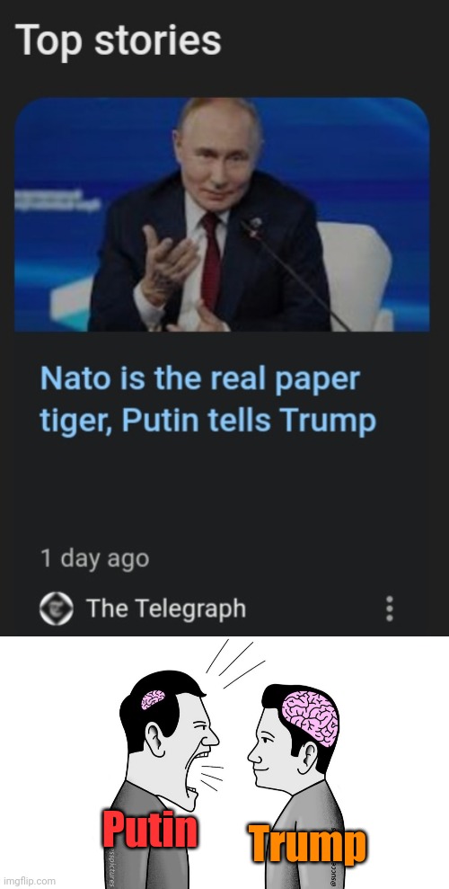 NATO could take Moscow in a week and make it all the way to Vladivostok in 2 weeks. Don't make us laugh, Pootin | Trump; Putin | image tagged in small brain yelling at big brain,russia,putin,nato,usa | made w/ Imgflip meme maker
