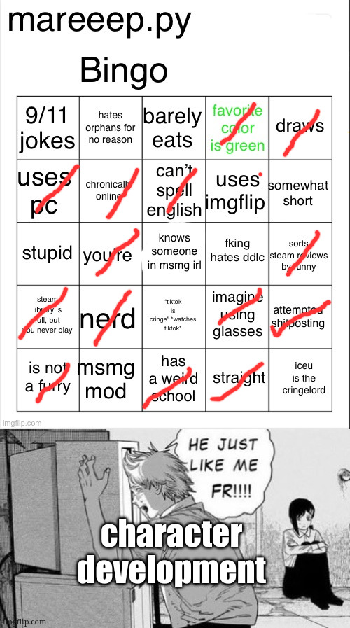 i was corny back then - now i am corny | character development | image tagged in mareeep py bingo | made w/ Imgflip meme maker