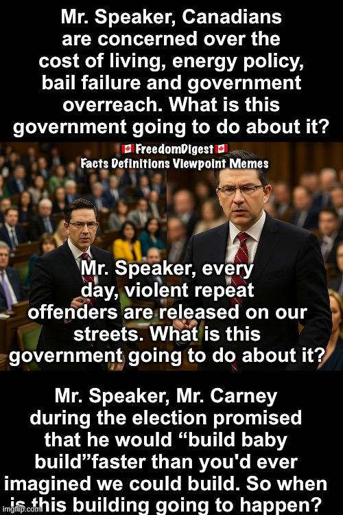 Pierre Is On The Job | Mr. Speaker, Canadians are concerned over the cost of living, energy policy, bail failure and government overreach. What is this government going to do about it? 🇨🇦FreedomDigest🇨🇦
Facts Definitions Viewpoint Memes; Mr. Speaker, every day, violent repeat offenders are released on our streets. What is this government going to do about it? Mr. Speaker, Mr. Carney during the election promised that he would “build baby build”faster than you'd ever imagined we could build. So when is this building going to happen? | made w/ Imgflip meme maker