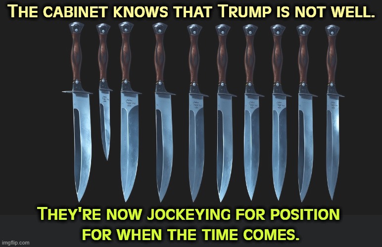There isn't one of those clowns who's fit to hold a position of responsibility. | The cabinet knows that Trump is not well. They're now jockeying for position 
for when the time comes. | image tagged in trump,ill,sick,old,cabinet,knives | made w/ Imgflip meme maker