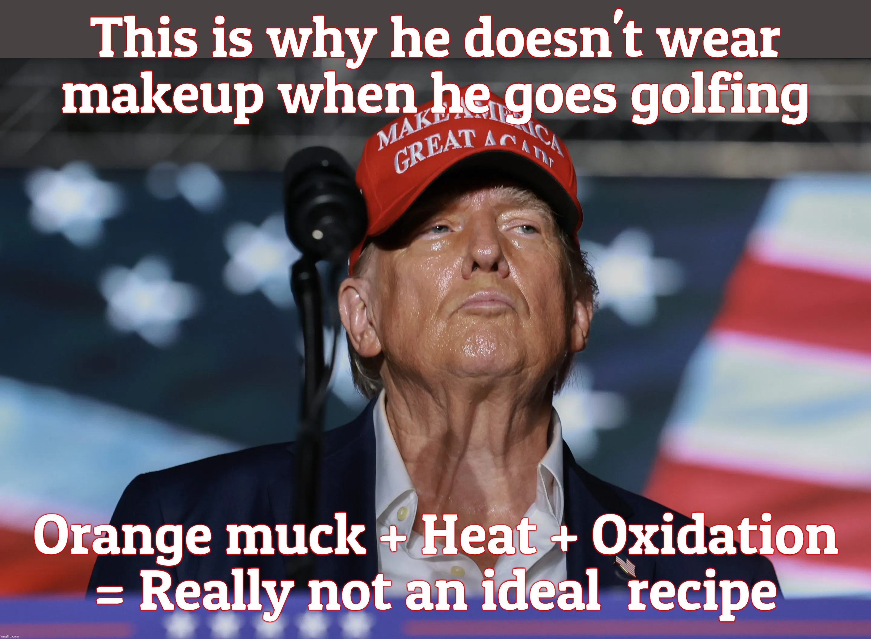 This is why he doesn't wear
makeup when he goes golfing Orange muck + Heat + Oxidation
= Really not an ideal  recipe | made w/ Imgflip meme maker