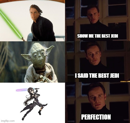 The best Jedi | SHOW ME THE BEST JEDI; I SAID THE BEST JEDI; PERFECTION | image tagged in perfection,jedi,sword art online | made w/ Imgflip meme maker