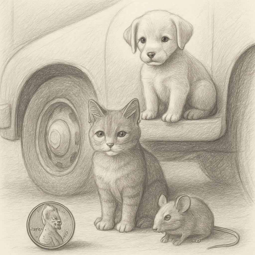 A penny, under a car, a cat, and a mouse, and a puppy on top Blank Meme Template