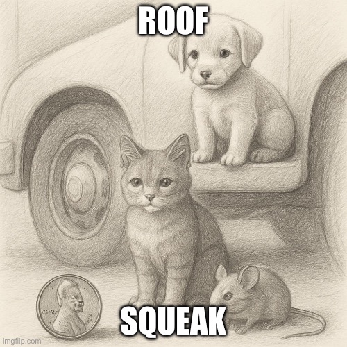 Really | ROOF; SQUEAK | image tagged in a penny under a car a cat and a mouse and a puppy on top | made w/ Imgflip meme maker