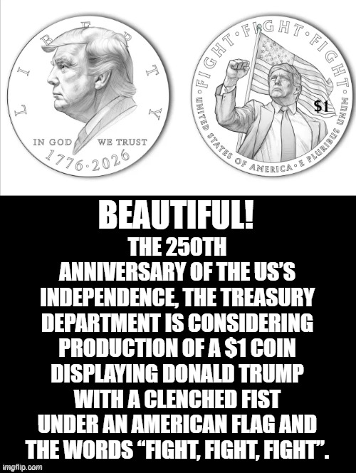 Beautiful! | THE 250TH ANNIVERSARY OF THE US’S INDEPENDENCE, THE TREASURY DEPARTMENT IS CONSIDERING PRODUCTION OF A $1 COIN DISPLAYING DONALD TRUMP WITH A CLENCHED FIST UNDER AN AMERICAN FLAG AND THE WORDS “FIGHT, FIGHT, FIGHT”. BEAUTIFUL! | image tagged in oh it's beautiful | made w/ Imgflip meme maker