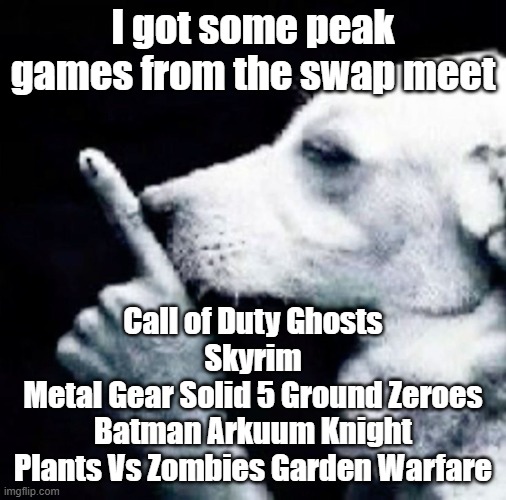 Shh dog | I got some peak games from the swap meet; Call of Duty Ghosts
Skyrim
Metal Gear Solid 5 Ground Zeroes
Batman Arkuum Knight
Plants Vs Zombies Garden Warfare | image tagged in shh dog | made w/ Imgflip meme maker